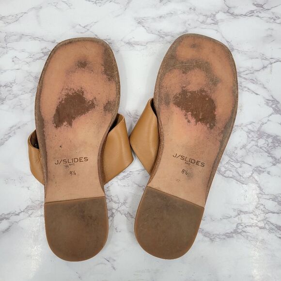 J/SLIDES Tan Leather Sandals Asymmetrical Slip-On Strappy - Picture 7 of 8